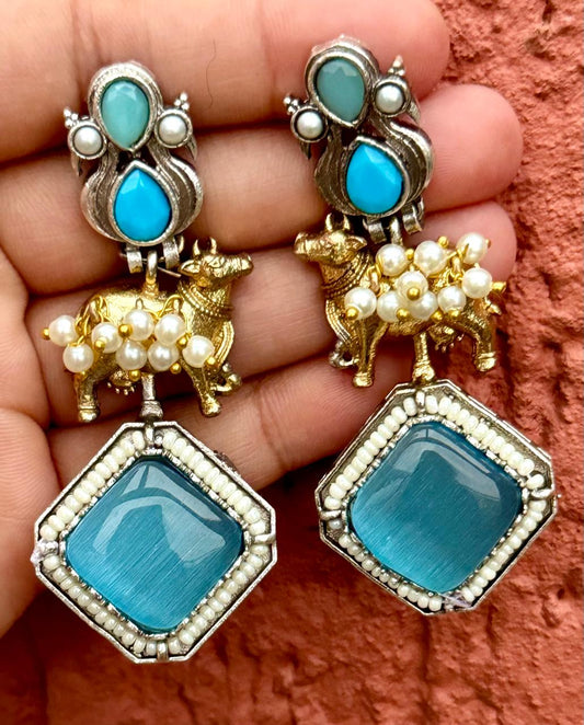 Nature Inspired Oxidized Silver Turquoise Stone Stud Pearl Beaded Earring