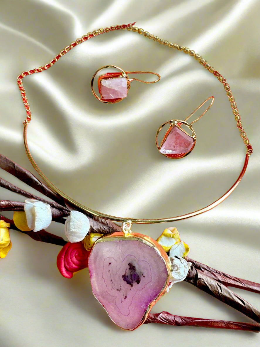 Natural Rose Quartz Gold Plated Pendant Necklace