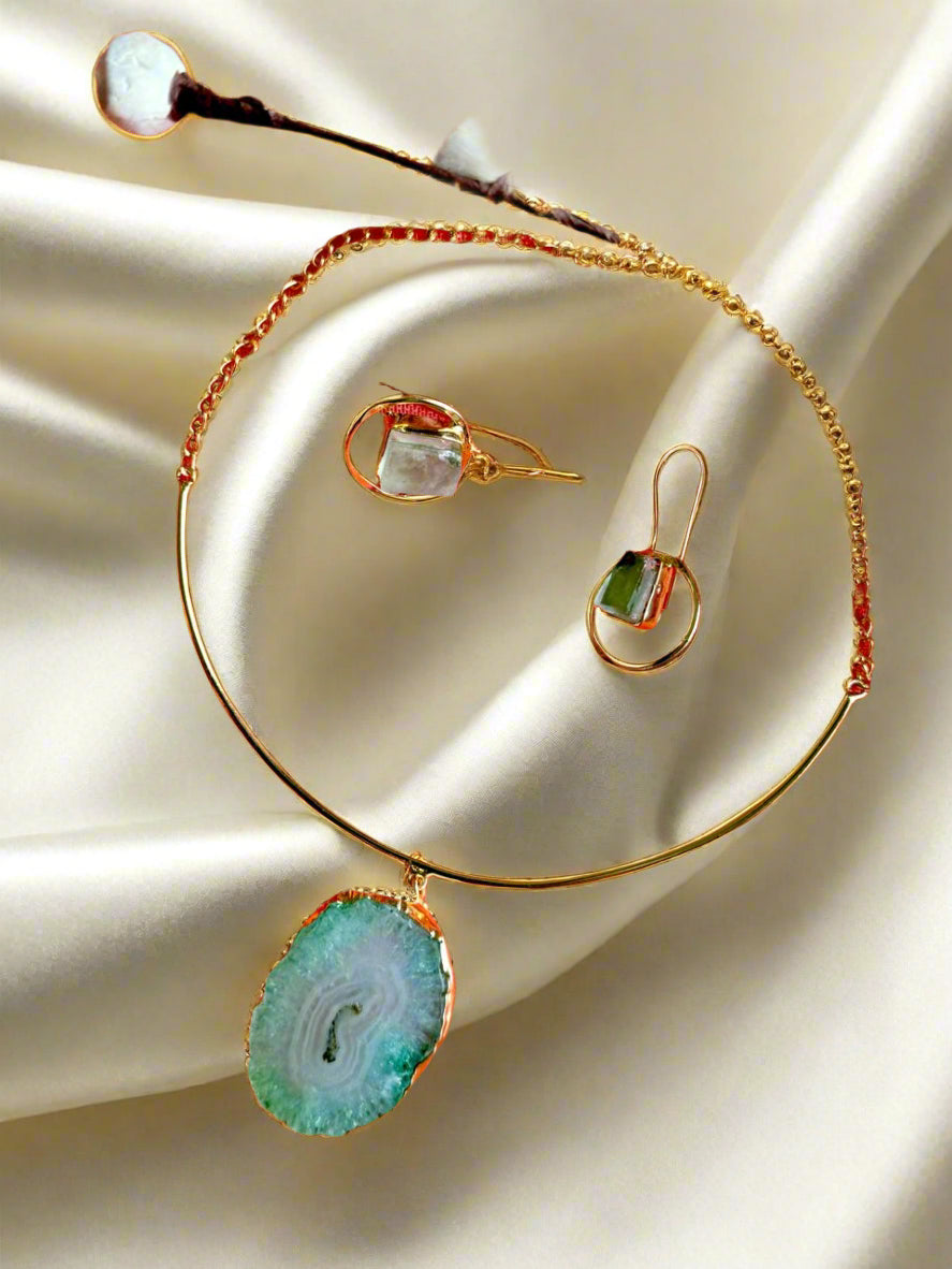 Natural Cosmos Agate Slice Pendant Necklace Set