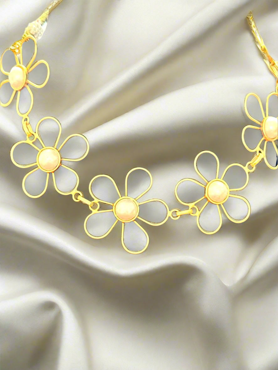 Gold Plated Floral Pearl Beaded Necklace Set