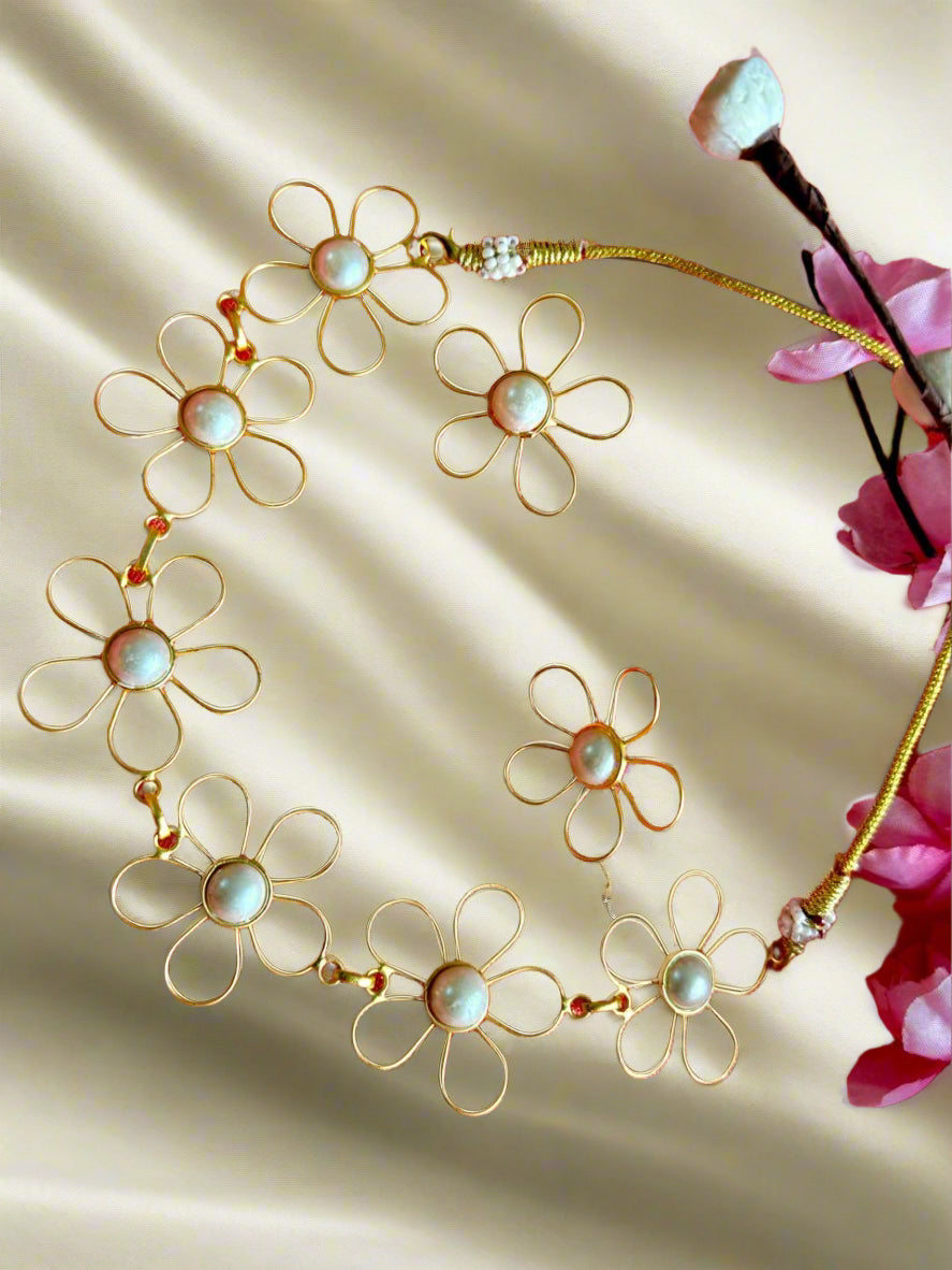 Gold Plated Floral Pearl Beaded Necklace Set