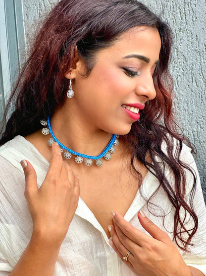 Fusion Turquoise Thread Silver Charm Necklace Set