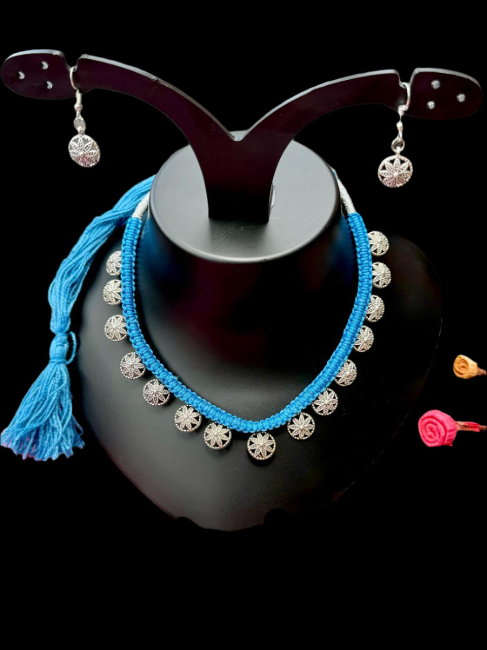 Fusion Turquoise Thread Silver Charm Necklace Set