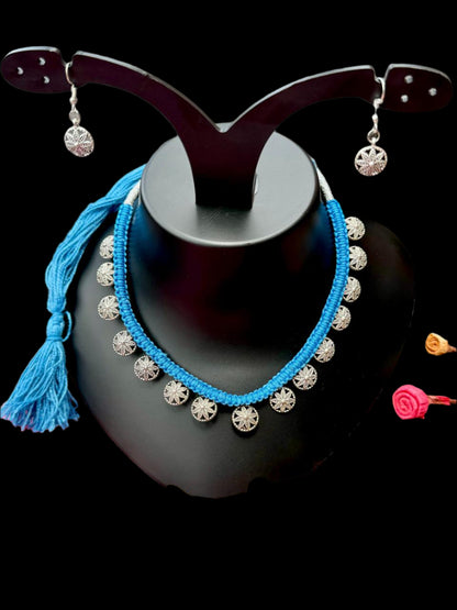 Fusion Turquoise Thread Silver Charm Necklace Set