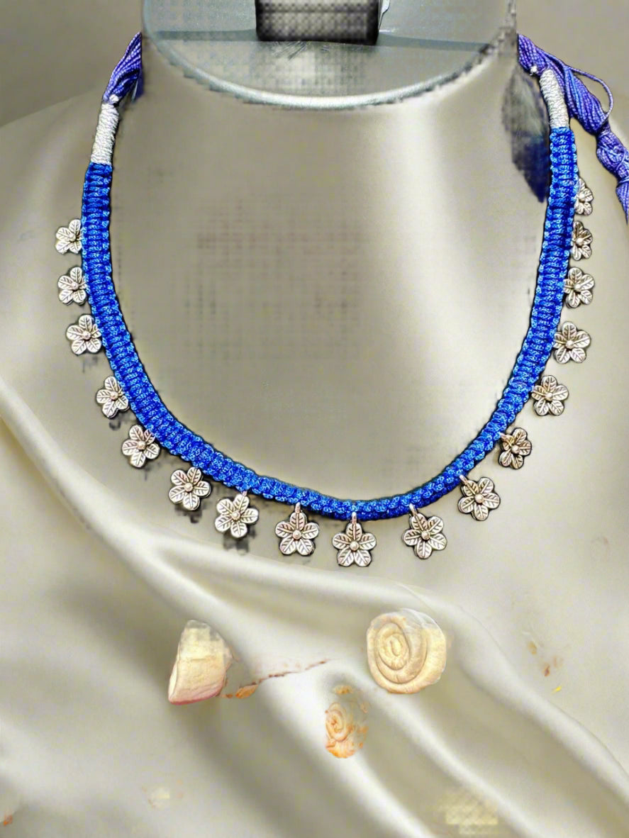 Fusion Blue Thread Silver Charm Necklace Set