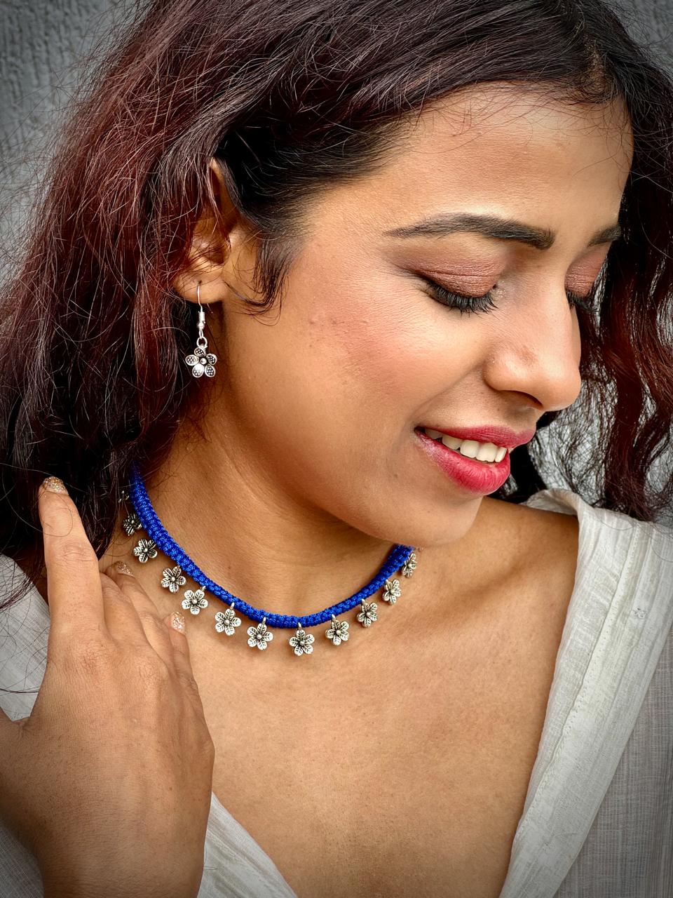 Fusion Blue Thread Silver Charm Necklace Set