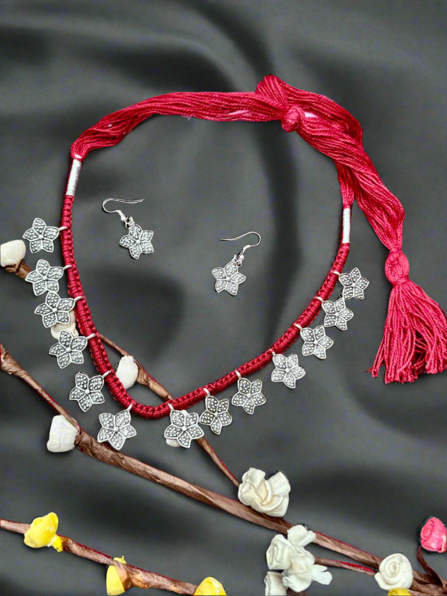 Fusion Red Thread Silver Charm Necklace Set