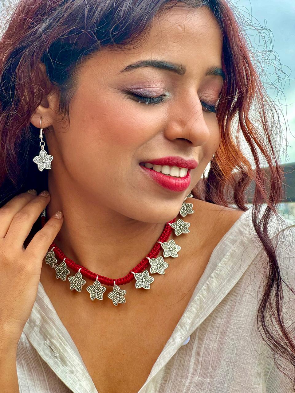 Fusion Red Thread Silver Charm Necklace Set
