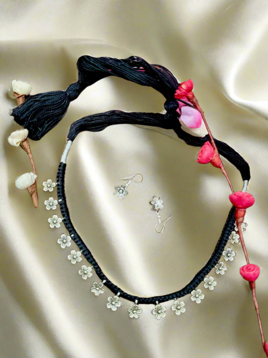 Fusion Black Thread Silver Charm Necklace Set
