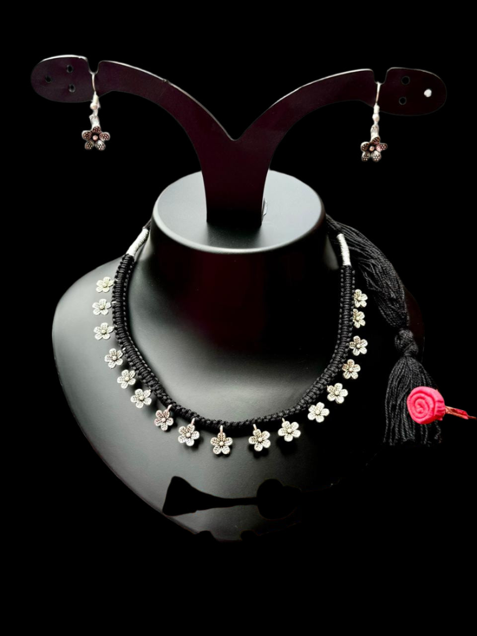 Fusion Black Thread Silver Charm Necklace Set