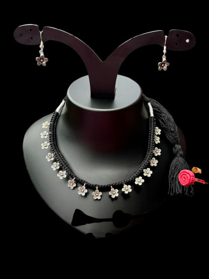 Fusion Black Thread Silver Charm Necklace Set