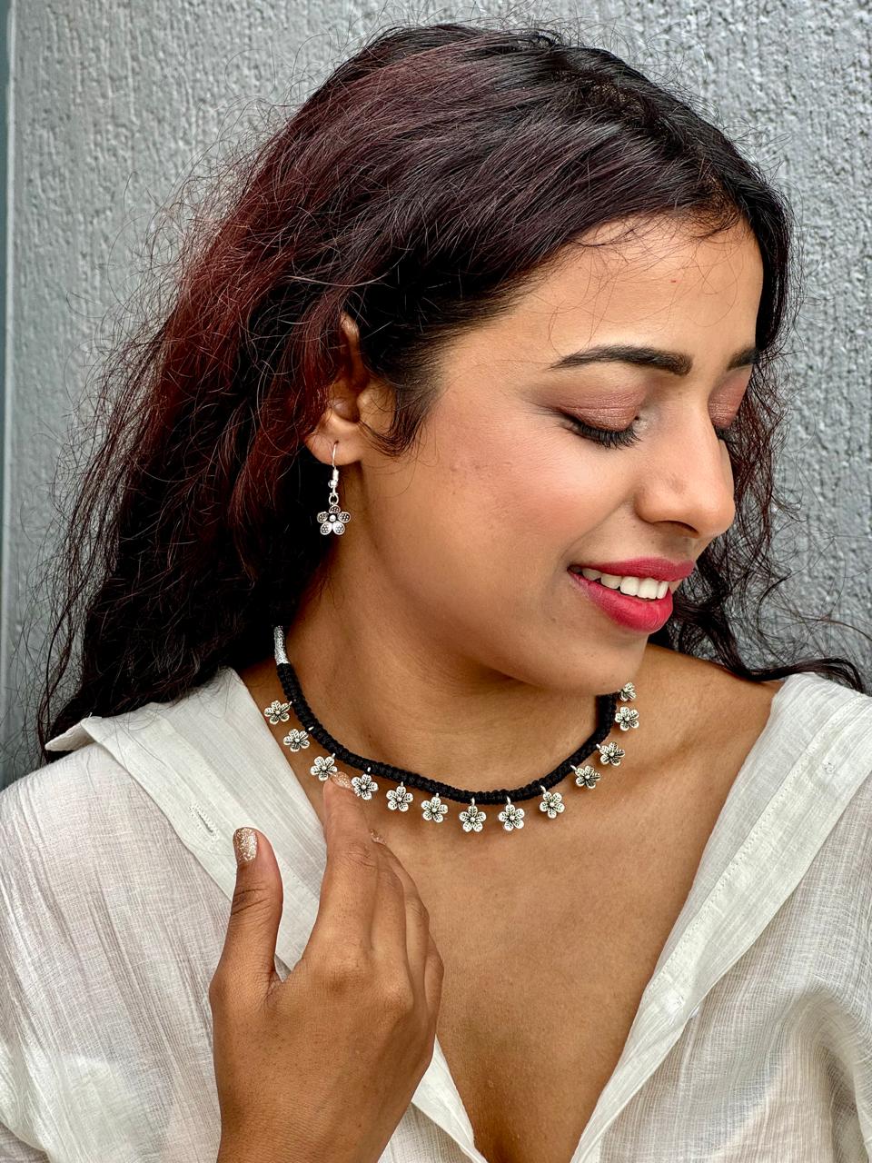 Fusion Black Thread Silver Charm Necklace Set