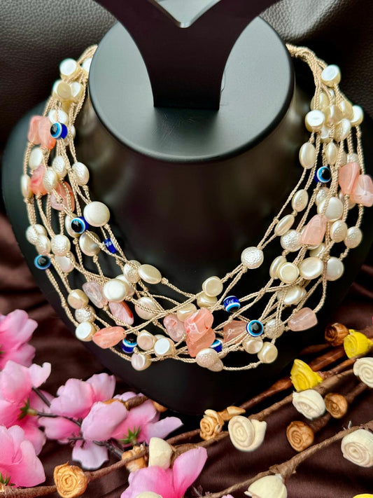 Freshwater Pearl Natural Pink Opal Evil Eye Designer Necklace