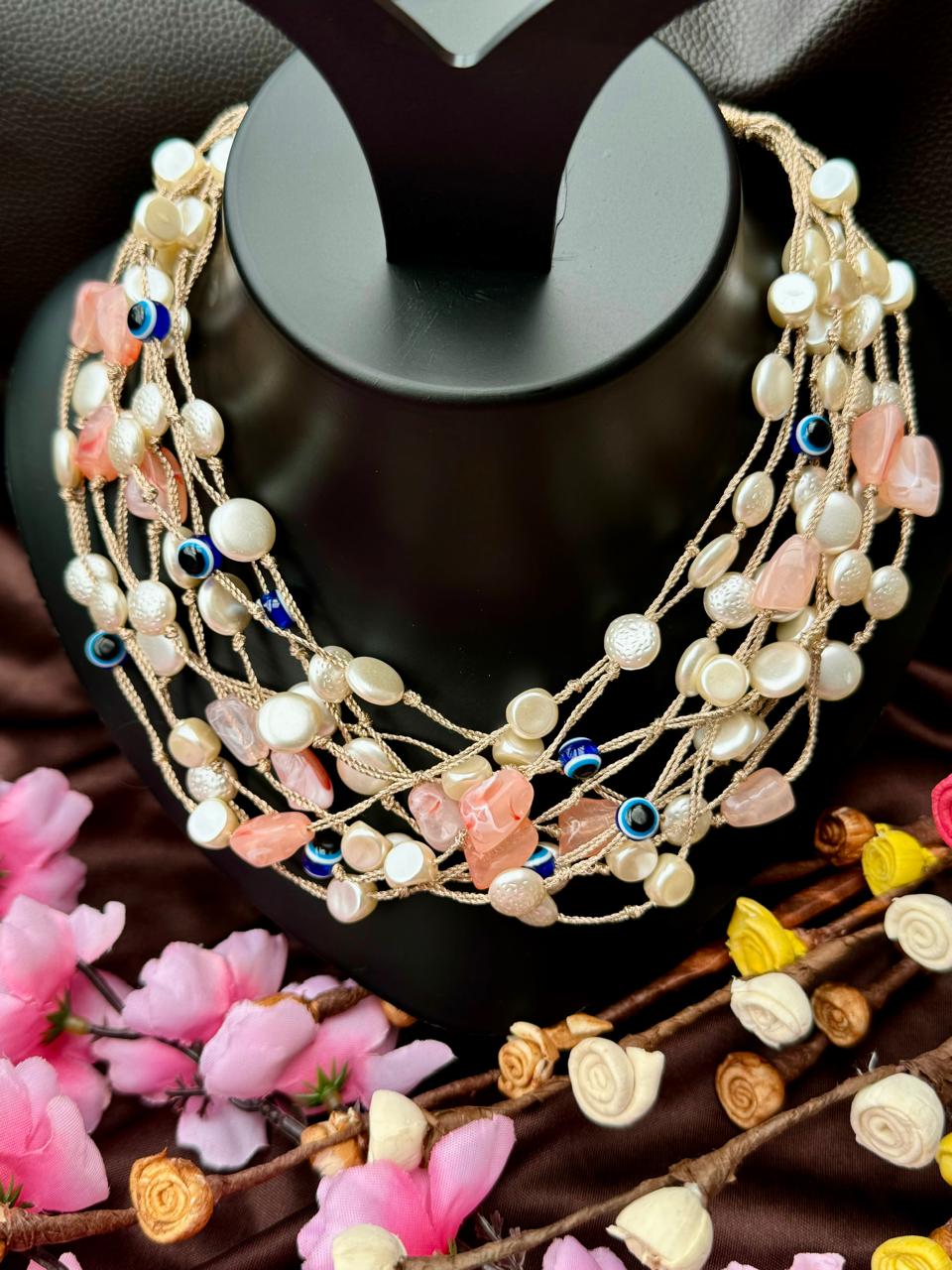 Freshwater Pearl Natural Pink Opal Evil Eye Designer Necklace