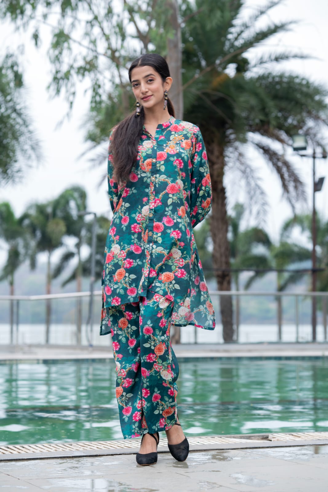 Kai Green Co-ord set Stylish Pure Muslin 3/4 sleeve paplon top and pant set