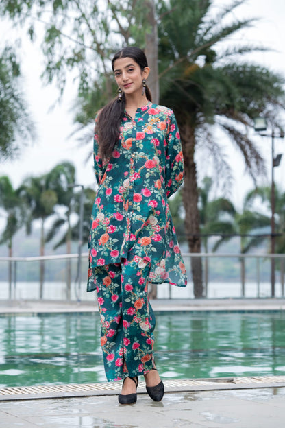 Kai Green Co-ord set Stylish Pure Muslin 3/4 sleeve paplon top and pant set