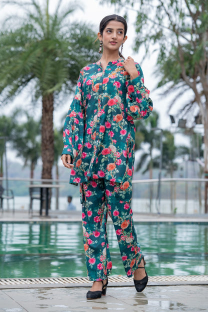 Kai Green Co-ord set Stylish Pure Muslin 3/4 sleeve paplon top and pant set