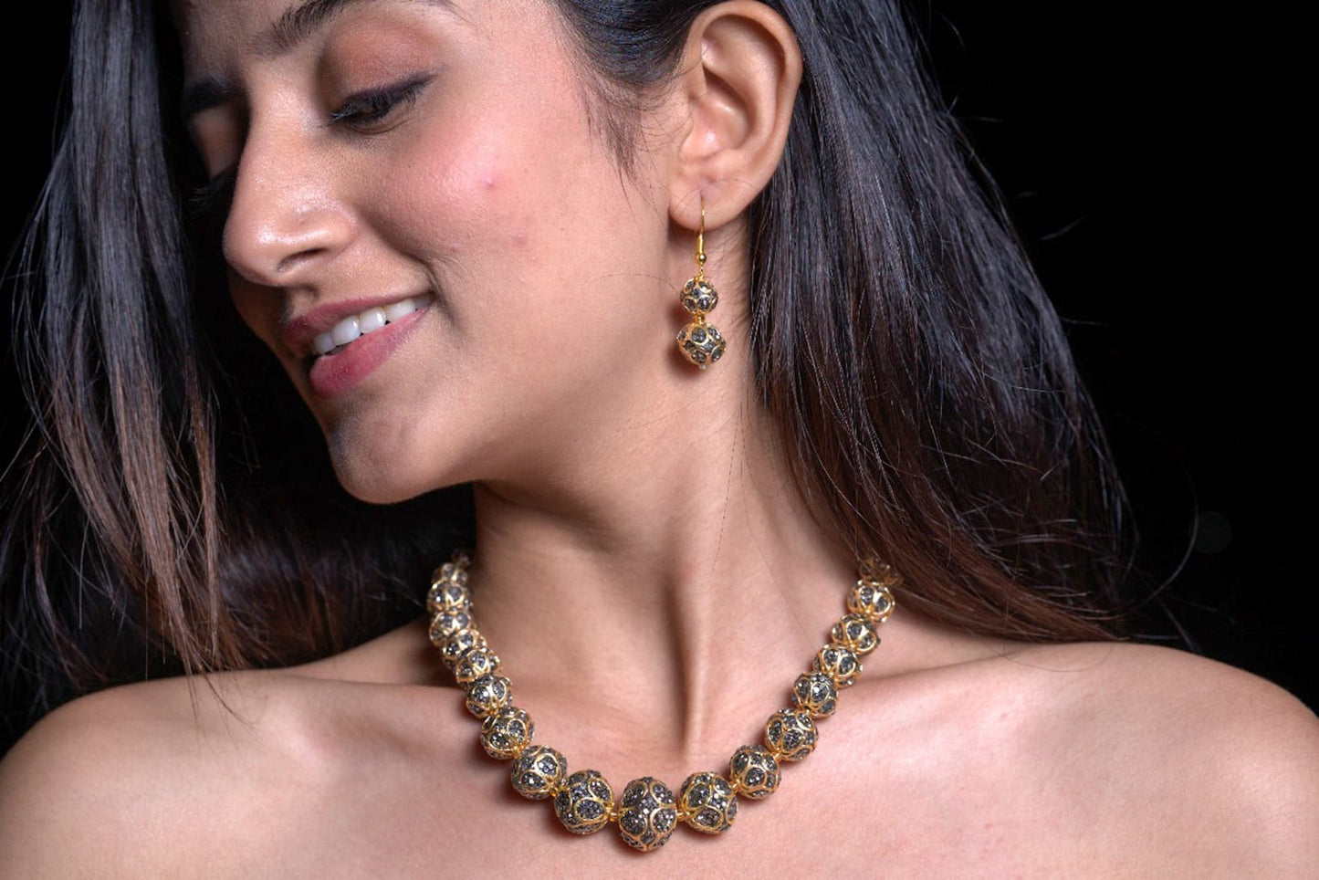 Antique Gold Plated Grey Stone Beaded Statement Necklace Set