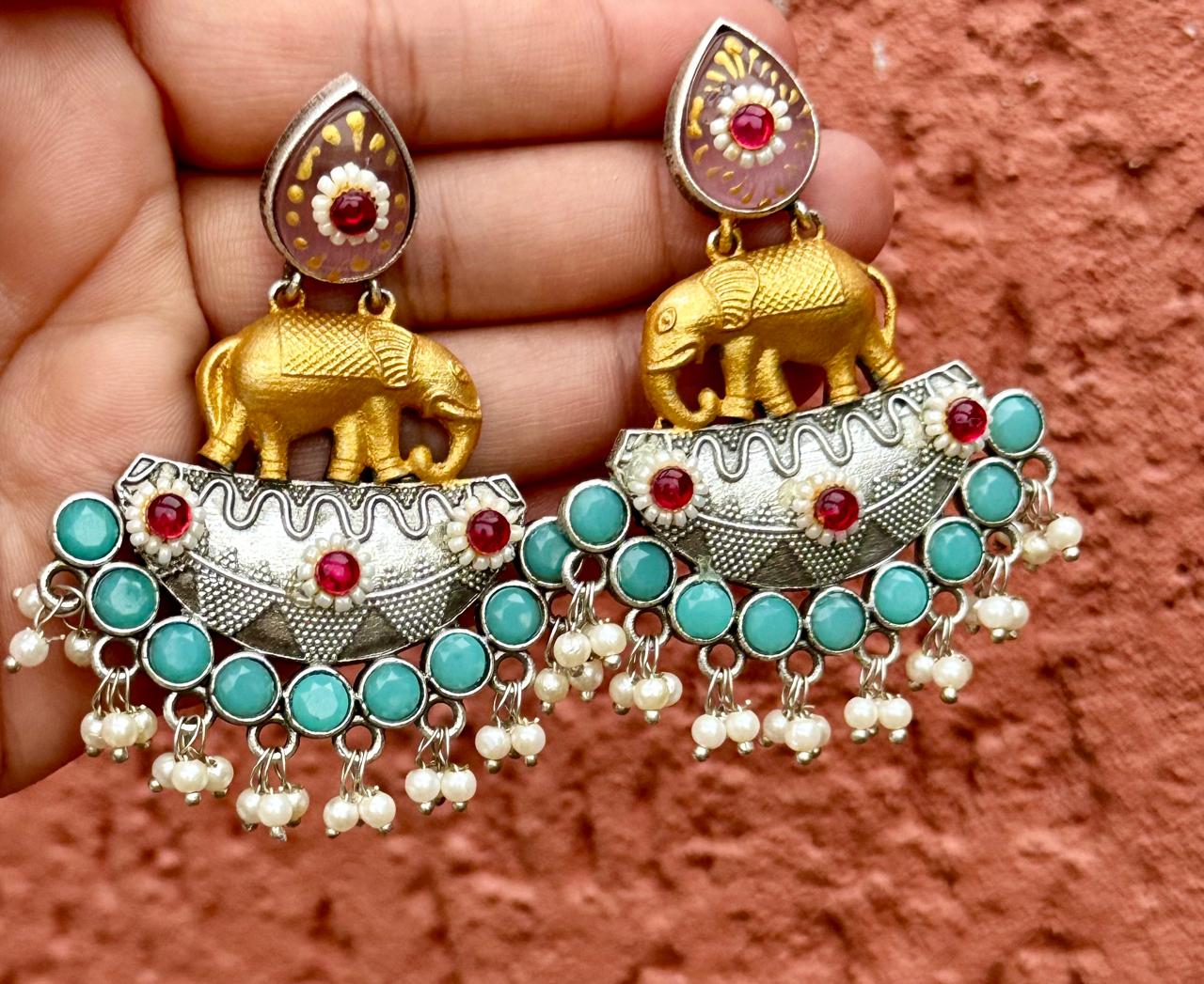 Nature Inspired Antique Oxidized Silver Multi Color Stone Earrings