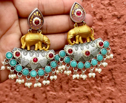 Nature Inspired Antique Oxidized Silver Multi Color Stone Earrings