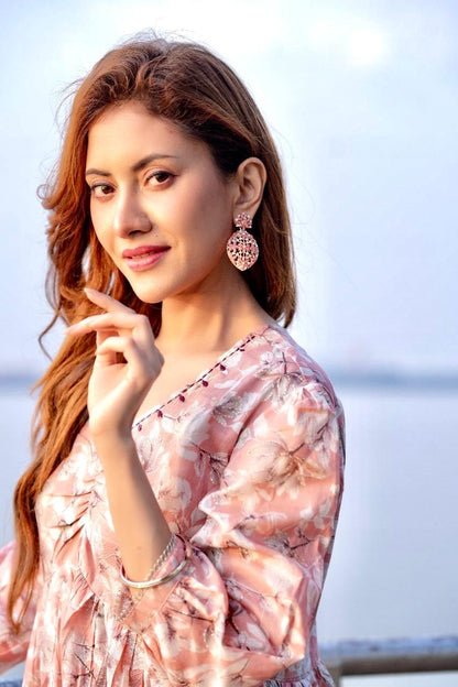 Stunning Gold Plated White & Pink AD Studded Earrings