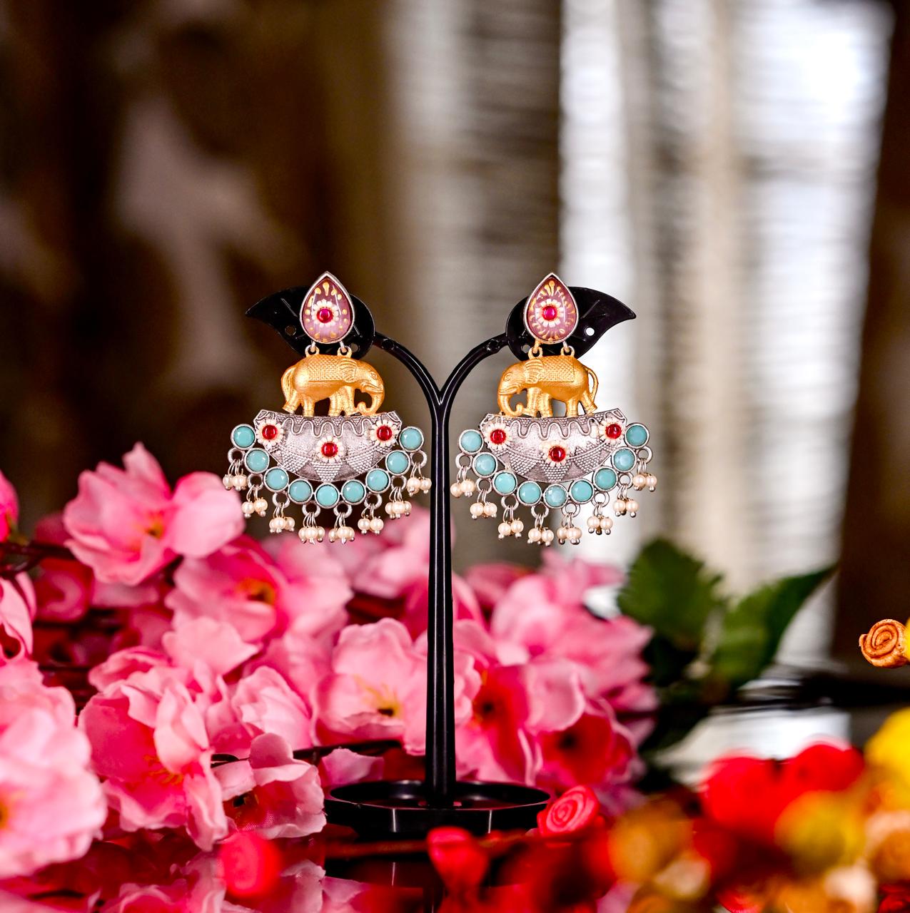 Nature Inspired Antique Oxidized Silver Multi Color Stone Earrings