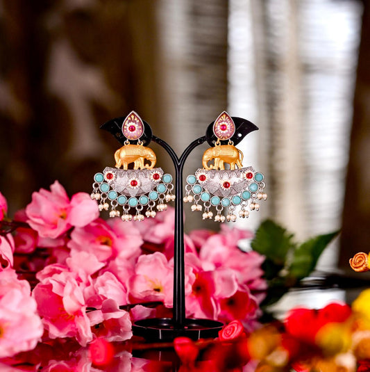Nature Inspired Antique Oxidized Silver Multi Color Stone Earrings