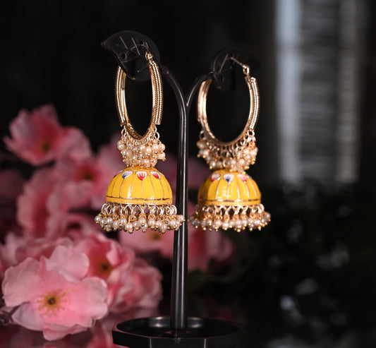 Yellow Traditional Handcrafted Meenakari Long Bali Jhumka